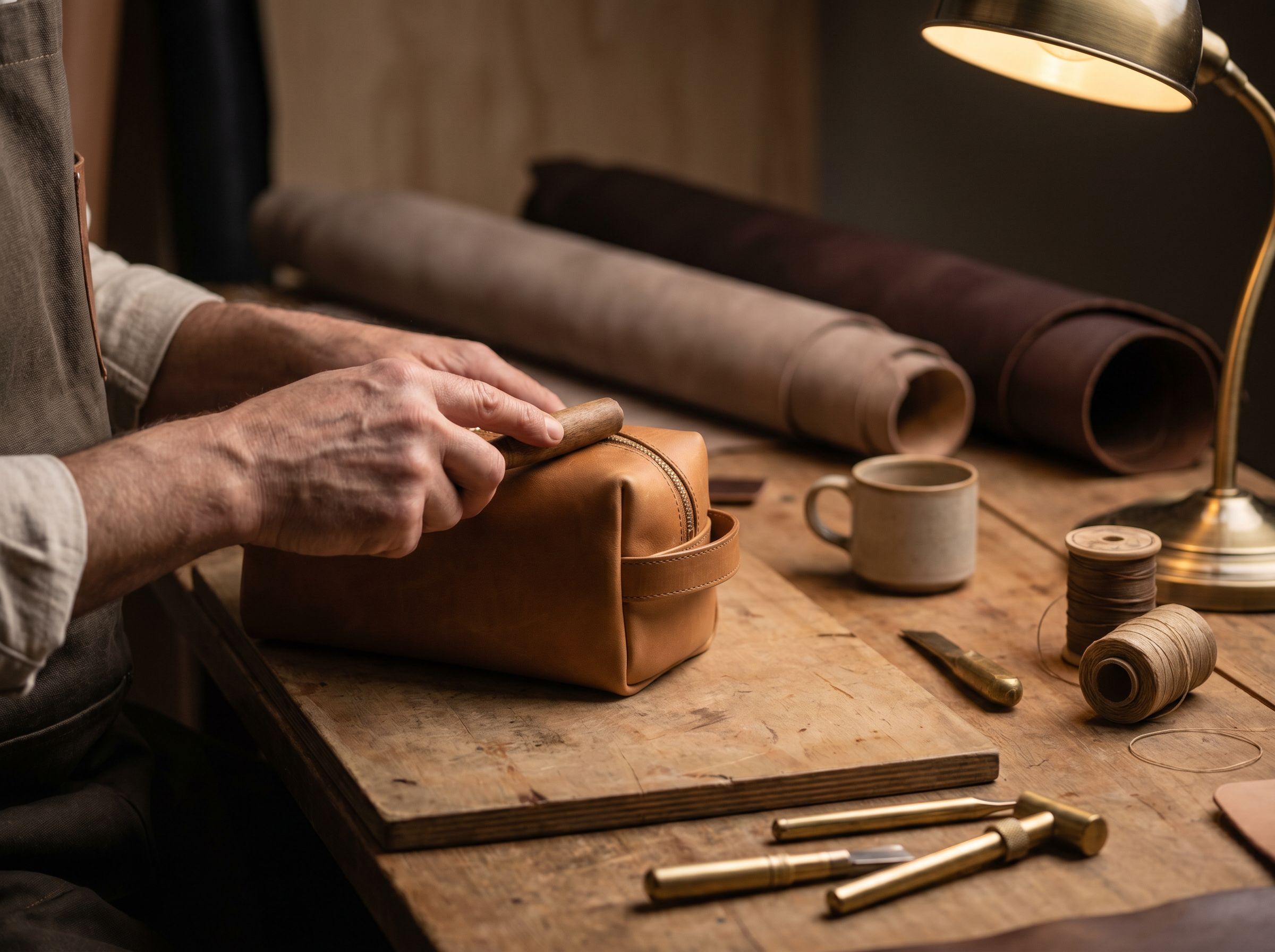Atelier de maroquinerie — peau de cuir tannée végétale, outils laiton